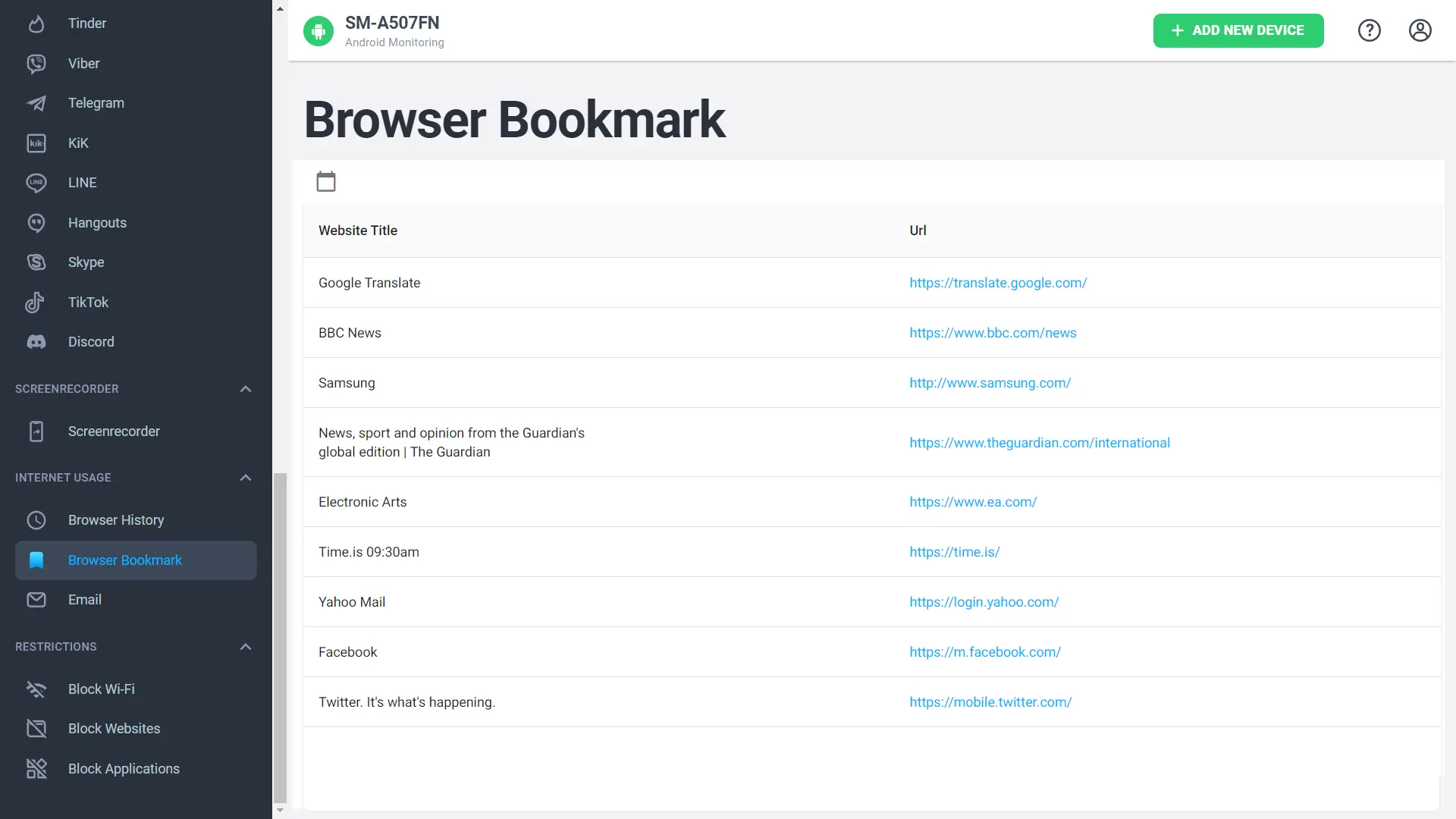 mSpy bookmarks monitoring