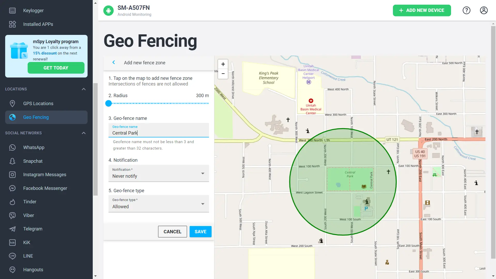 mSpy geofencing