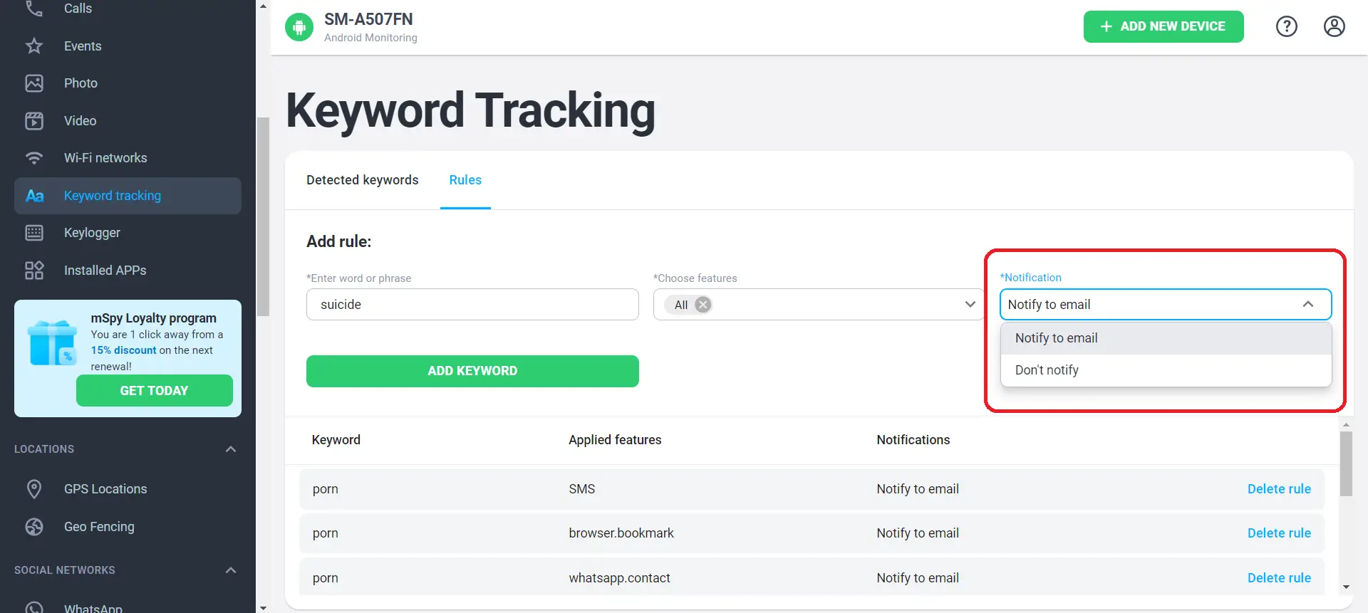Setting a notification on mSpy