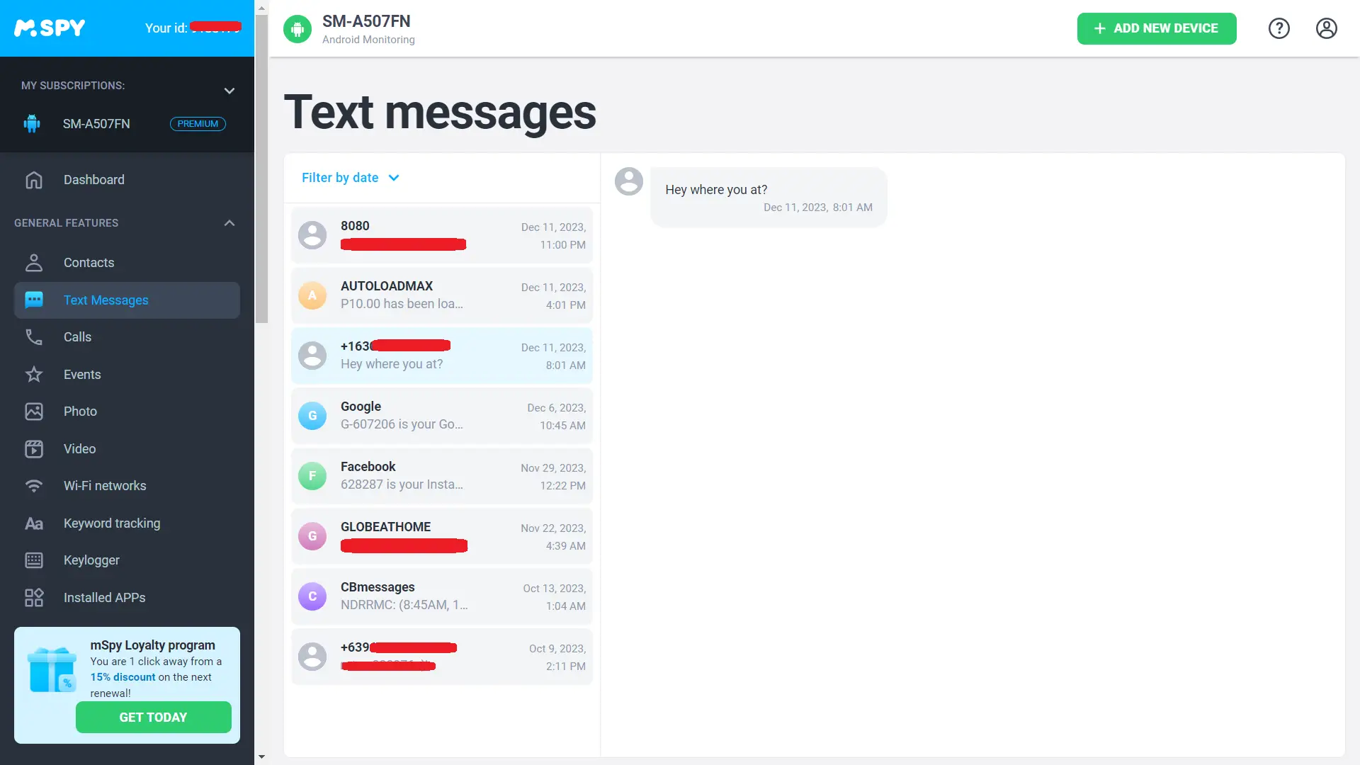 mSpy SMS monitoring